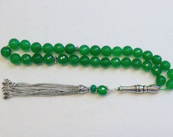 Luxury Prayer Beads Tesbih Komboloi Large Faceted Emeralds and Sterling Silver - Top Quality - Collector's
