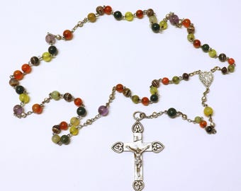 Early 20th Cent. Catholic Rosary Multi Gemstones & Sterling Silver with Heavy Crucifix - Rare Collector's item