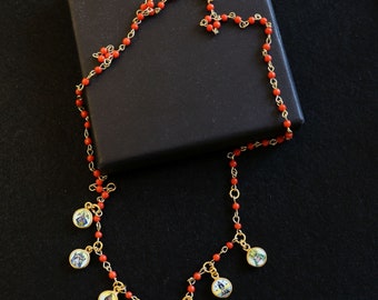 Genuine Coral & Vermeil Rosary Necklace w 7 Vintage Hand Painted Miniature Enameled Medals of Extreme Rarity