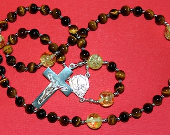 Our Lady of Fatima Catholic Rosary Prayer Beads - Tiger Eye, Sterling and Amber