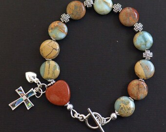 Catholic Rosary one Decade Bracelet  : Variscite, Goldstone, Paua Shell, Sterling Silver and Enamel