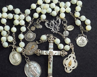 Very Unusual & Large 1898 MOP, Sterling Catholic Rosary Rare Antique Medals, Superb Cross