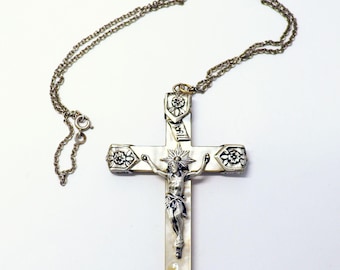 Mother of Pearl & Sterling Pectoral Cross, w chain – Early Art Nouveau - Rare, Pristine