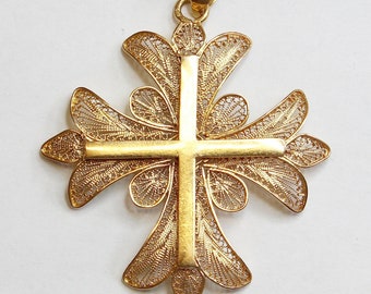 Late 19th Cent. Solid 18K Gold Filigree Large Cross Pendant Medal High Rarity