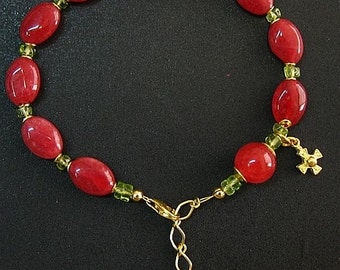 Genuine Ruby, Peridot and Vermeil Bracelet Catholic Rosary with Assorted Earrings