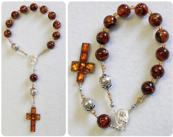 Catholic Travel Rosary Chaplet Vintage Cognac Baltic Amber and Sterling Silver