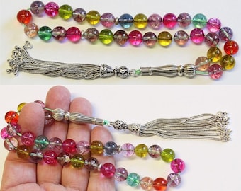 Luxury Prayer Beads Tesbih AA Grade Multicolor Tourmaline & Sterling Silver -Top quality - Collector's