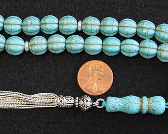 Tesbih Prayer Worry Beads Carved Dragon Turquoise and Sterling Silver