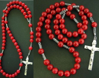 Catholic Rosary Prayer Beads Red Jade & Sterling