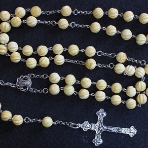 Vintage Catholic Rosary Carved Baltic Butterscotch Amber and Sterling Silver in Leather & Sterling Box