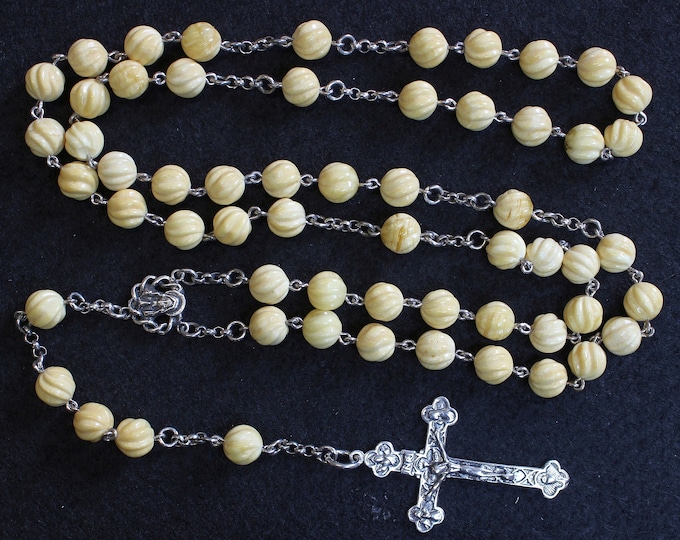 Featured listing image: Vintage Catholic Rosary Carved Baltic Butterscotch Amber and Sterling Silver in Leather & Sterling Box