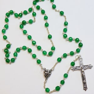 Catholic Chain Rosary Genuine Faceted Emerald and Sterling Silver