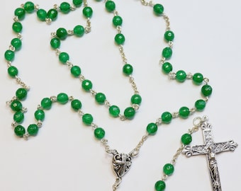 Catholic Chain Rosary Genuine Faceted Emerald and Sterling Silver