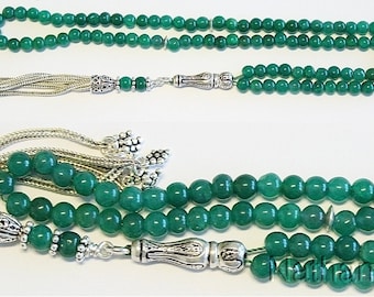 Islamic Prayer Beads Tesbih Gebetskette Genuine Emerald  and Sterling -99 Beads