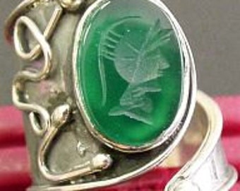 Chrysoprase Intaglio Mounted In Very Special Hand Designed and made Sterling Silver Ring - fits all sizes