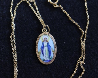 Vintage Miraculous Medal of the Madonna Hand Painted Miniature in Gold plated Frame w chain- V.Rare