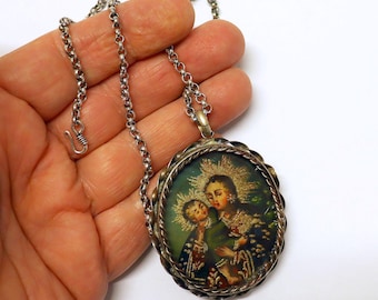 19th Cent. Cuzco School 2 sided Oil Miniature Medal w Sterling Silver Chain Our Lady Mary and Child - Archangel Gabriel - Extreme Rarity