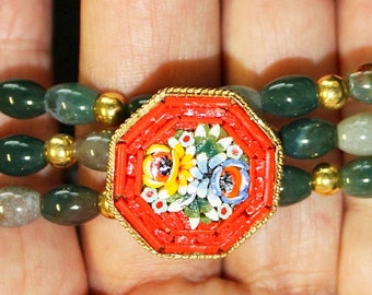 Vintage Pristine Micromosaic Brooch and Bracelets in Bloodstone and Vermeil - Unique