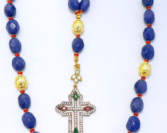 Beaded Chotki, Komboskini, Genuine Sapphire and Ruby  w Vermeil Metal Parts - Unique and impressive ORTHODOX Rosary with Special Cross