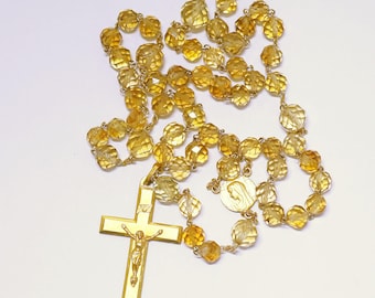 Vintage Citrine Crystal Gold Rolled Rosary, 1930s  Hand-Faceted Beads, Old Religious Item, Catholic Prayer Beads, Unique Antique Jewelry