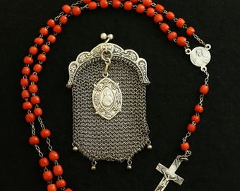 Vintage Sardinian Coral & Sterling Catholic Rosary in Sterling Mesh Purse with Sterling Medal- all Art Nouveau