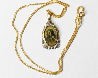 XIXth Century Yellow and White Gold Medal Pendant  Hand Painted Miniature of Mary with Vermeil Chain - Unique and XXR