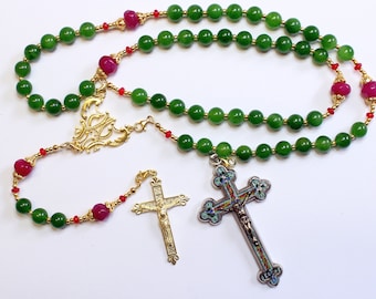 Catholic Rosary Emerald, Vermeil & Micro Mosaic, Wearable, 9 Uses, 2 crosses – RARE - UNIQUE