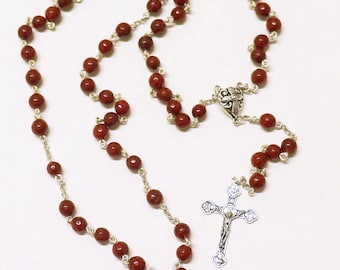 Catholic Chain Rosary Genuine Faceted Ruby and Sterling Silver