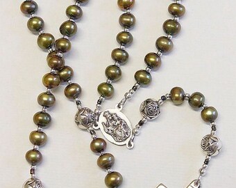 Catholic Rosay Prayer Beads Golden Teal Fresh Water Pearls