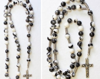 Catholic Rosary Prayer Beads Zebra Jade  and Heavy Sterling Silver