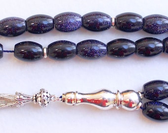 Luxury Prayer Beads Tesbih Large Oval Blue Goldstone & Sterling - Collector's