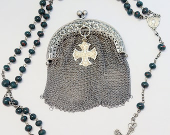 Vintage Bloodstone & Sterling Silver Catholic Rosary in Sterling Mesh Purse  Art Nouveau