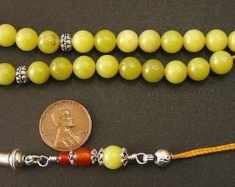 Greek Komboloi0 Olive Jade, Carnelian and Sterling Silver