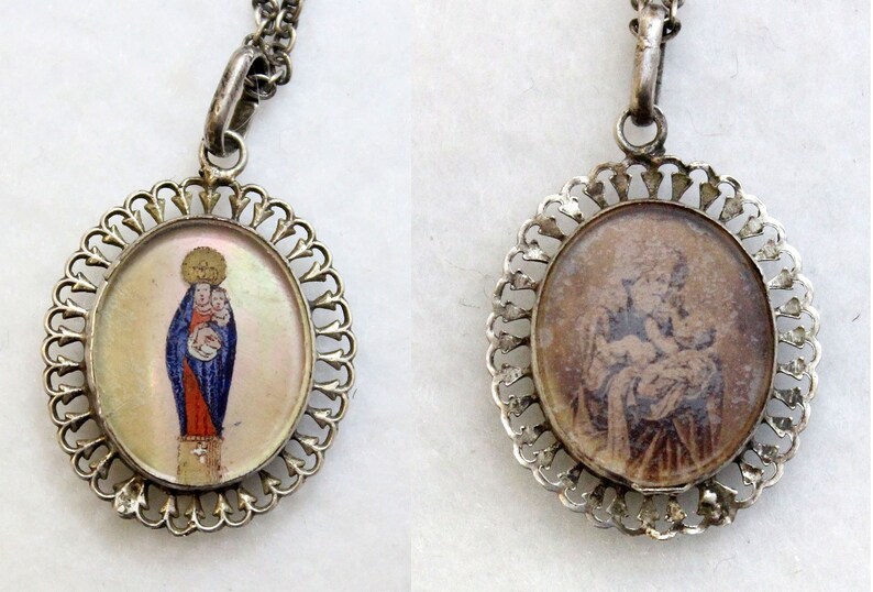 19th Cent Crowned Madonna /& Child Hand Painted Miniature on MOP in Sterling Frame w chain