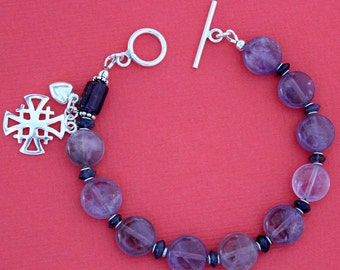 Catholic Rosary Bracelet Coin Amethyst Beads Sapphire & Sterling Silver