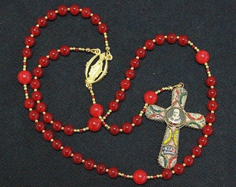 Catholic Rosary Genuine Round Ruby And Pius XII Micromosaic Jubilee Cross -- XXXRare