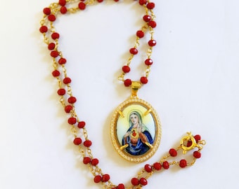 Hand Painted Miniature Vintage Enamel Medal of Sacred Heart of Mary in Vermeil Zircon Frame w Faceted Carnelian Rosary Sterling Chain XXR