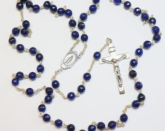 Catholic Chain Rosary Genuine Faceted Sapphire and Sterling Silver