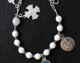 M.O.P & Sterling Rosary Bracelet w Very Rare Vintage Silver and Enamel Medals