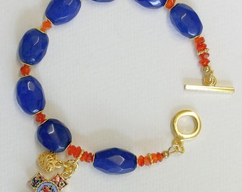 Anglican Rosary Bracelet Faceted Genuine Sapphire & Carnelian, Vermeil, Micromosaic Vintage Cross