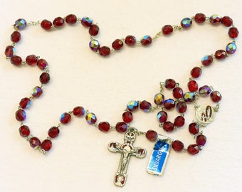 Catholic Vintage Rosary New Old Stock Ruby Red Crystal Silver Plate Enamel Exquisite Series No44