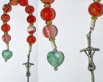 Catholic Open Chaplet -One Decade Rosary-  Banded Agate, Peridot & Sterling Silver