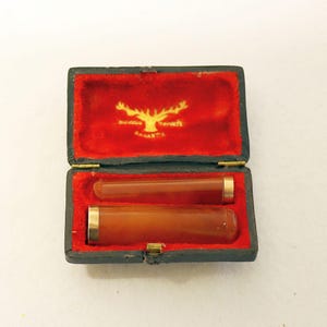 Vintage Early 1900&#39;s Butterscotch Amber w 18 K. Gold Rim, Cased Set Cigar & Cigarette Holders - UNUSED - New Old Stock