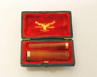 Vintage Early 1900's Butterscotch Amber w 18 K. Gold Rim, Cased Set Cigar & Cigarette Holders - UNUSED - New Old Stock