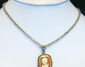 Vintage Shell Cameo Set in Sterling and Gold With Heavy Handmade Sterling Chain