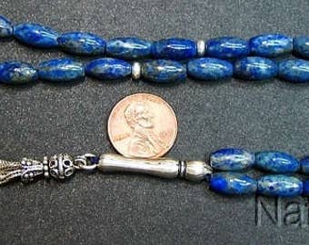 Prayer Beads Tesbih Long Rice Afgan Lapis and Sterling Silver   -