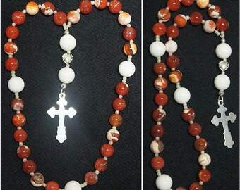 Anglican Episcopal Rosary Prayer Beads : Red Fire Crackled Agate White Jade and Sterling Silver