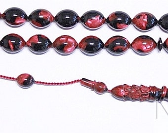 Prayer Beads Tesbih Black Fuschia Marbled Vintage Galalith  -Exceptional Collector's