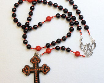 Catholic Rosary Jet, Sterling & Coral with Vintage Gutta Percha Studded Cross Rare Unique