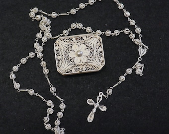 Sterling Silver Filigree Set Vintage Catholic Rosary in Rectangular Box - Rare